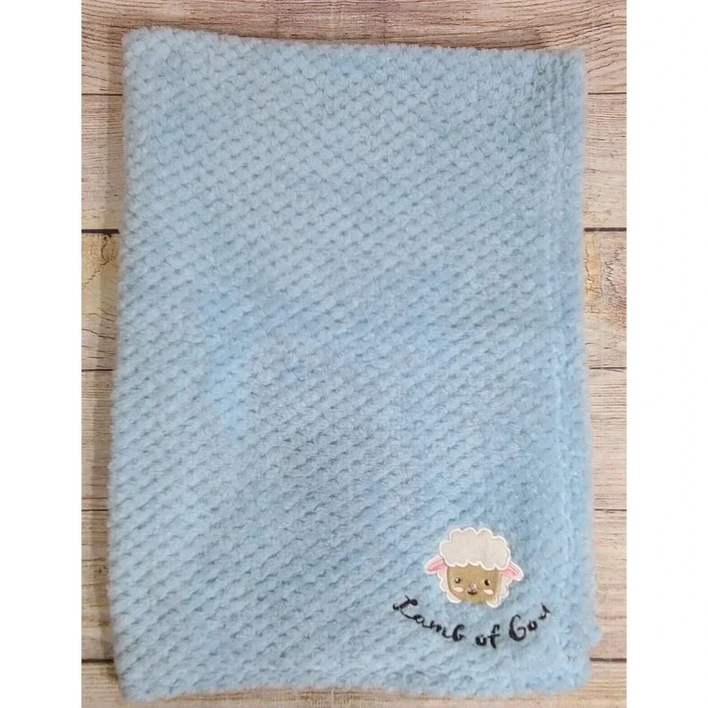 My Baby Plush Minky Lamb of God Baby Blanket Blue Christening Religious 30"